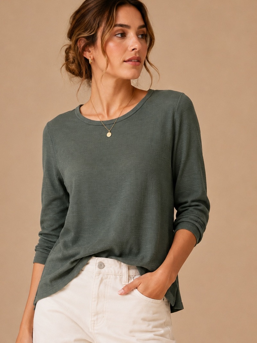 Merona Olive Green Textured Long Sleeve High Low Top Size Large